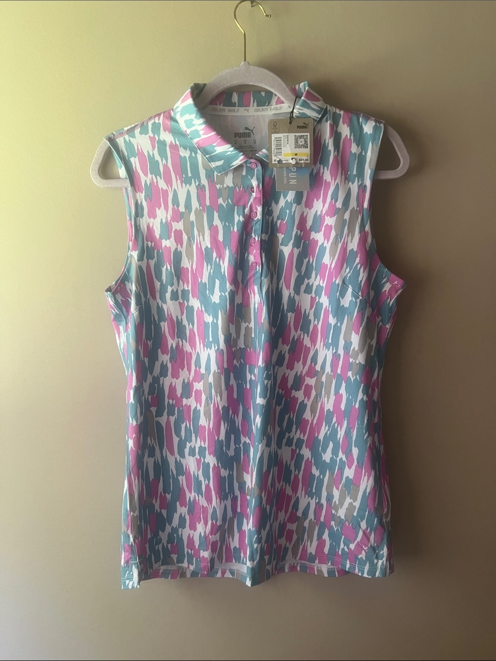 Puma Sleeveless Polo Tank - Pink, Aqua & White Abstract